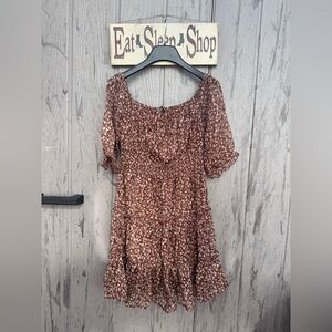 Floral Brown Dress with Ruffle Sleeves